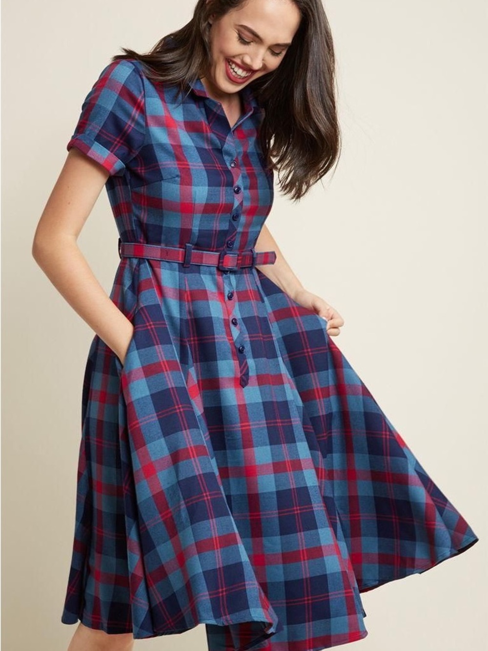 Collectif Vintage Caterina Merida Plaid Fit-and-Flare Swing Shirt Dress Red Blue